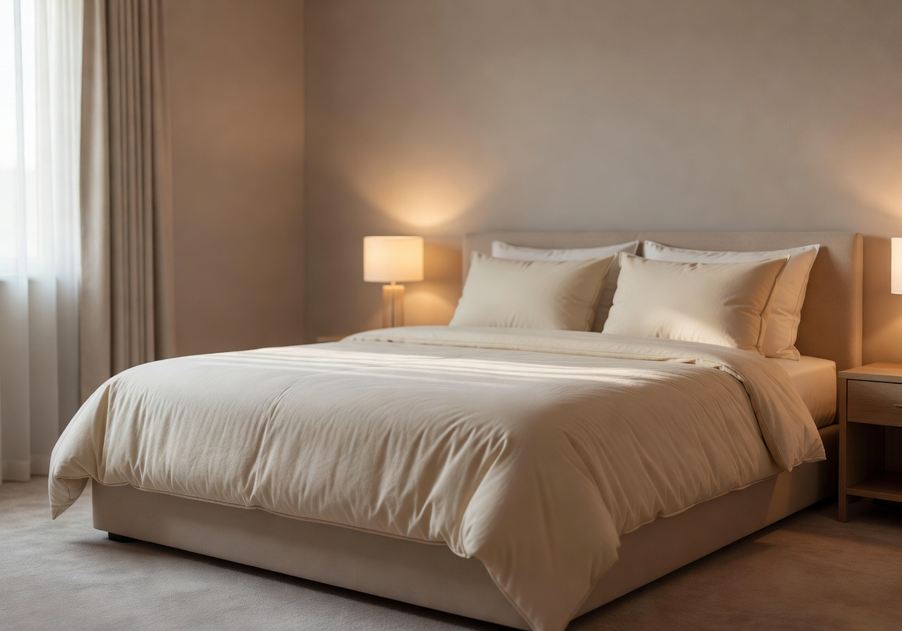 Standard room with a comfortable double bed and soft lighting